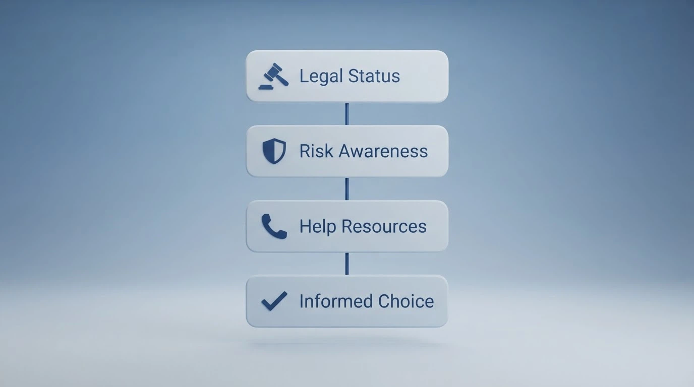 A simple decision flowchart: legal status → risk awareness → help resources → informed choice, no brand logos.