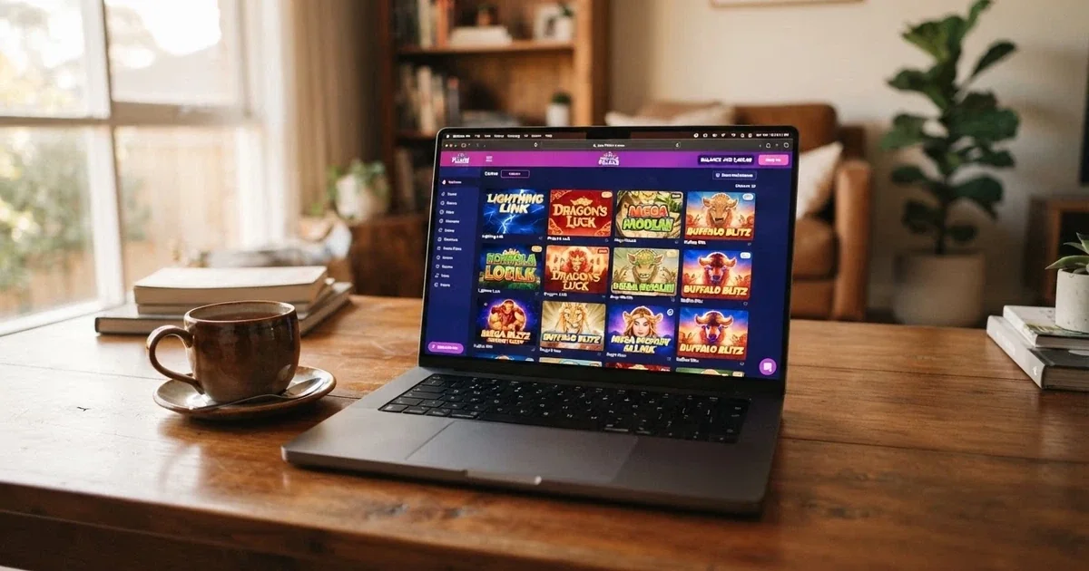 A laptop screen showing an online casino lobby with pokies game thumbnails and an AUD balance display