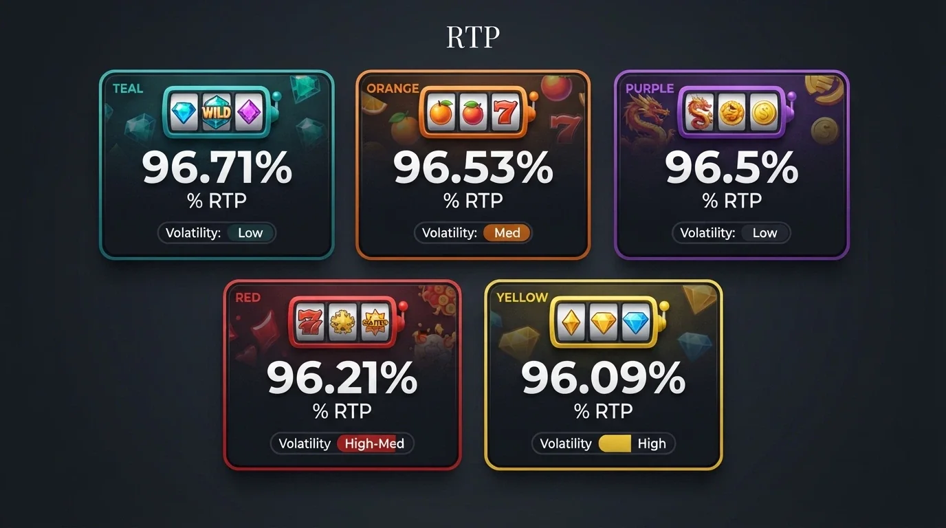 A grid of five pokie title cards — Big Bass Splash, Sweet Bonanza 1000, Gates of Olympus 1000, Book of Dead and Starburst — each displaying its RTP percentage and volatility rating