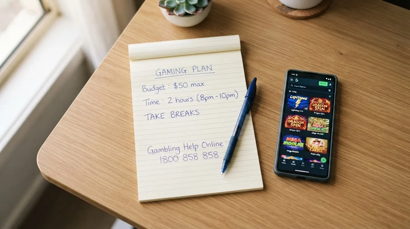 A notepad-and-pen setup beside a smartphone showing a pokie lobby, with a handwritten budget figure, a time limit and the Helpline number visible on the notepad