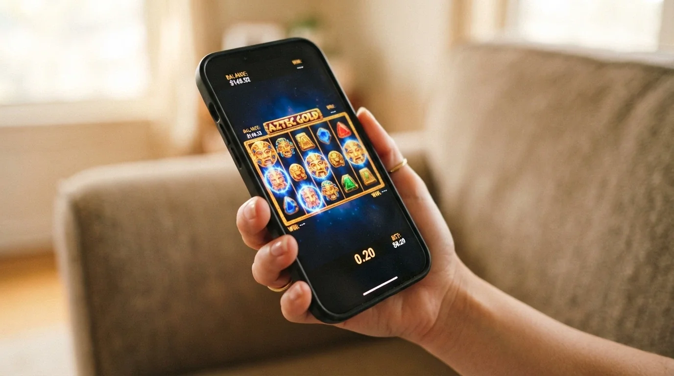 A close-up of a pokies spin button on a smartphone showing a $0.20 bet amount per spin