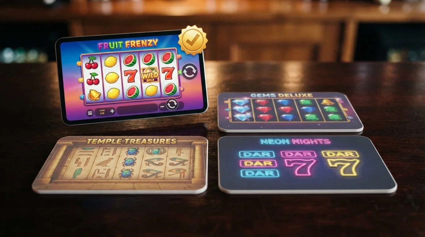 A grid of four colourful online pokies tile icons with one highlighted and a checkmark, the others greyed out