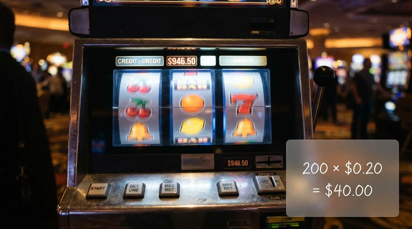 A row of pokies reels mid-spin with an overlaid calculator showing 200 × $0.20 = $40.00