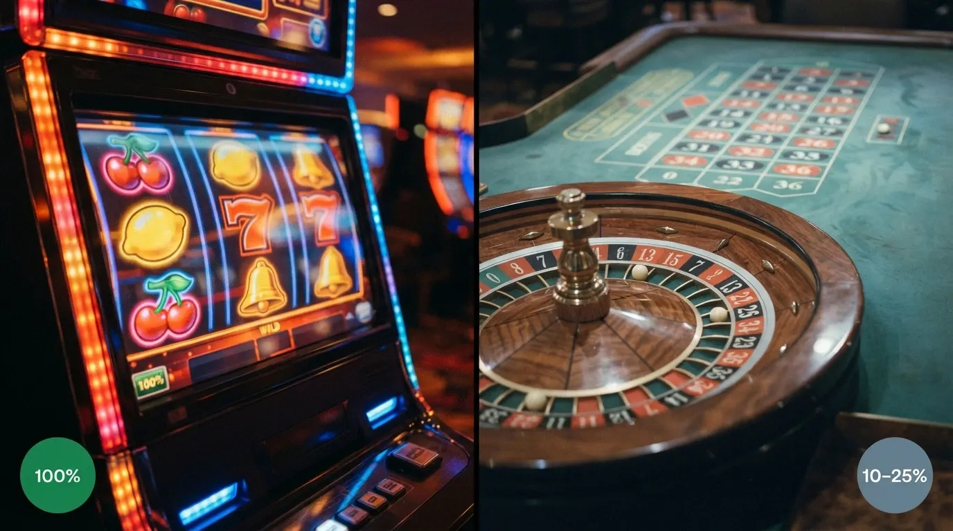 A split-screen comparison: a pokies reel on one side labelled 100% contribution, a roulette table on the other labelled 10–25%, the contrast made visually stark