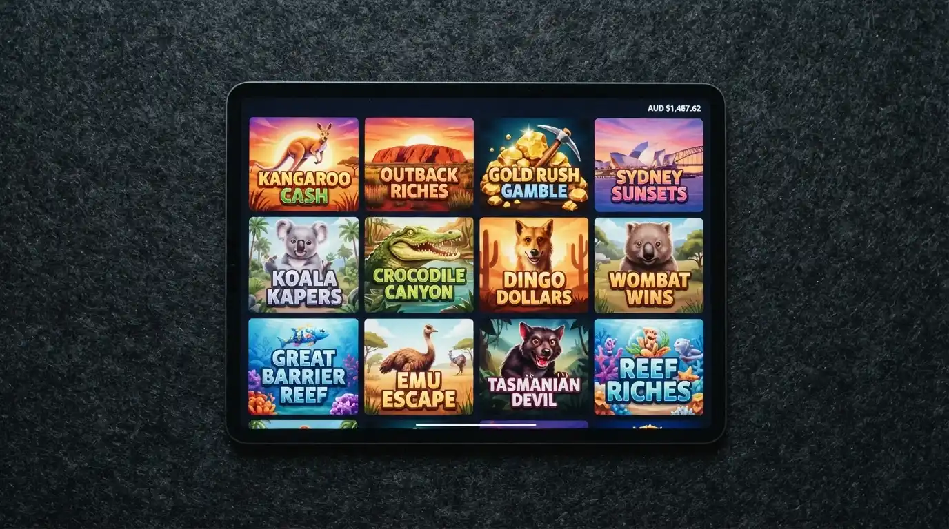 A grid of colourful online pokies game tiles with Australian-themed titles visible