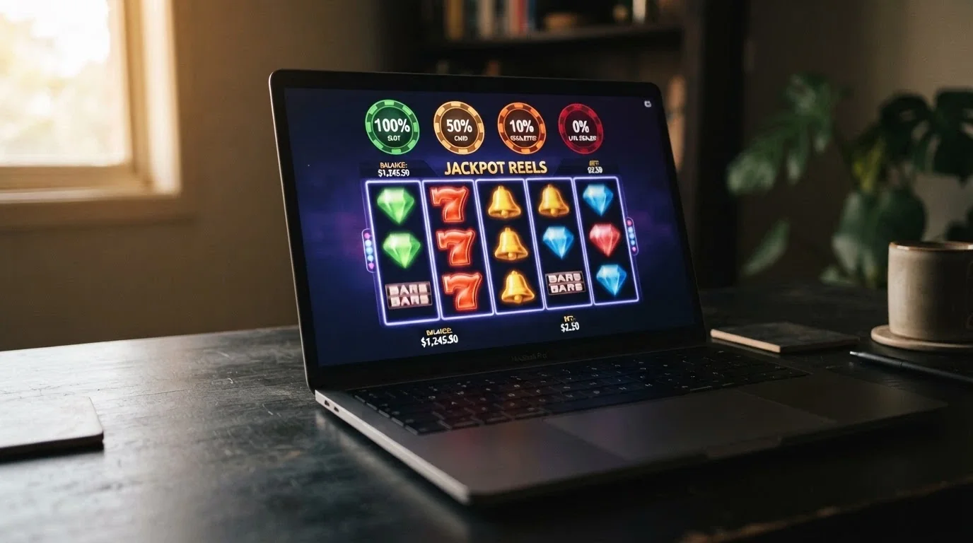 A row of online pokie reels with percentage badges reading 100%, 50%, 10% and 0% above different game-type icons to illustrate contribution weighting