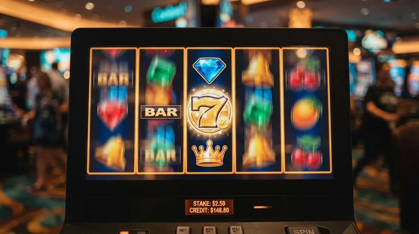A brightly lit online pokies screen showing a Pragmatic Play title with a spinning reel and Australian dollar stake values visible