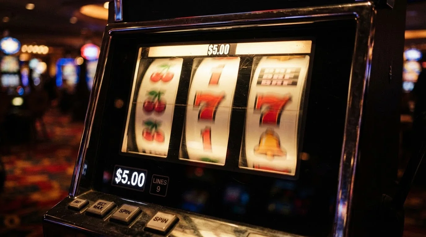A row of colourful online pokies reels mid-spin, with a small balance display showing a $5.00 figure in the corner of the screen
