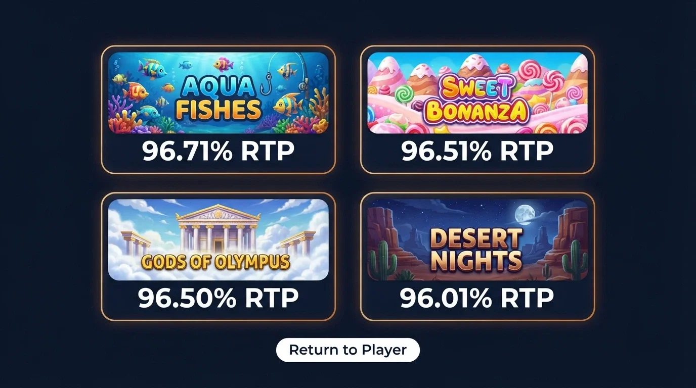 A grid of four online pokies title cards showing Big Bass Bonanza, Sweet Bonanza, Gates of Olympus and Wolf Gold with their RTP percentages