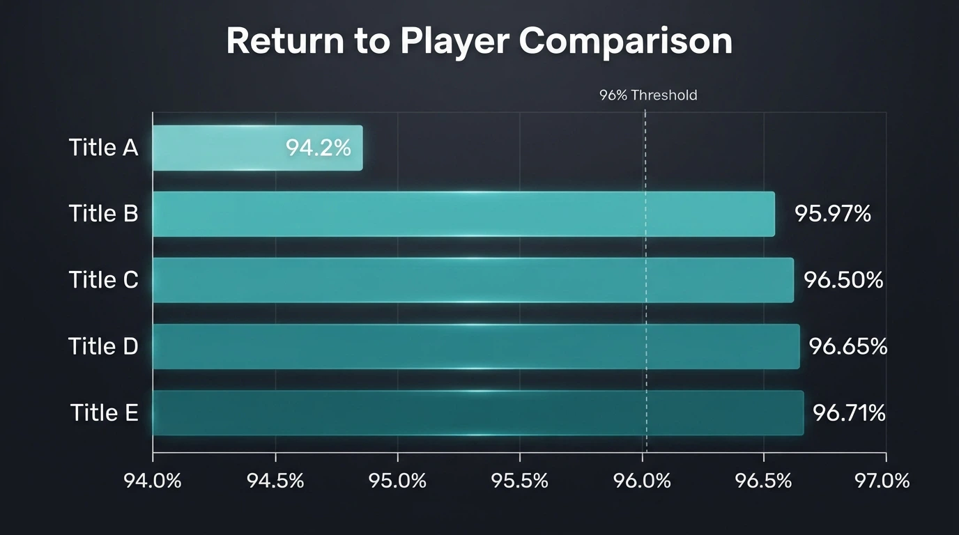 A horizontal bar chart showing RTP percentages for several unnamed pokies titles — bars cluster around 96%, with one bar slightly higher and one slightly lower, set against a dark casino-themed background.