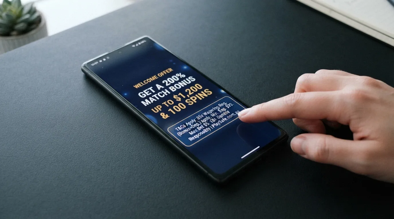 A smartphone screen displaying a welcome-bonus banner with the fine print of wagering requirements highlighted