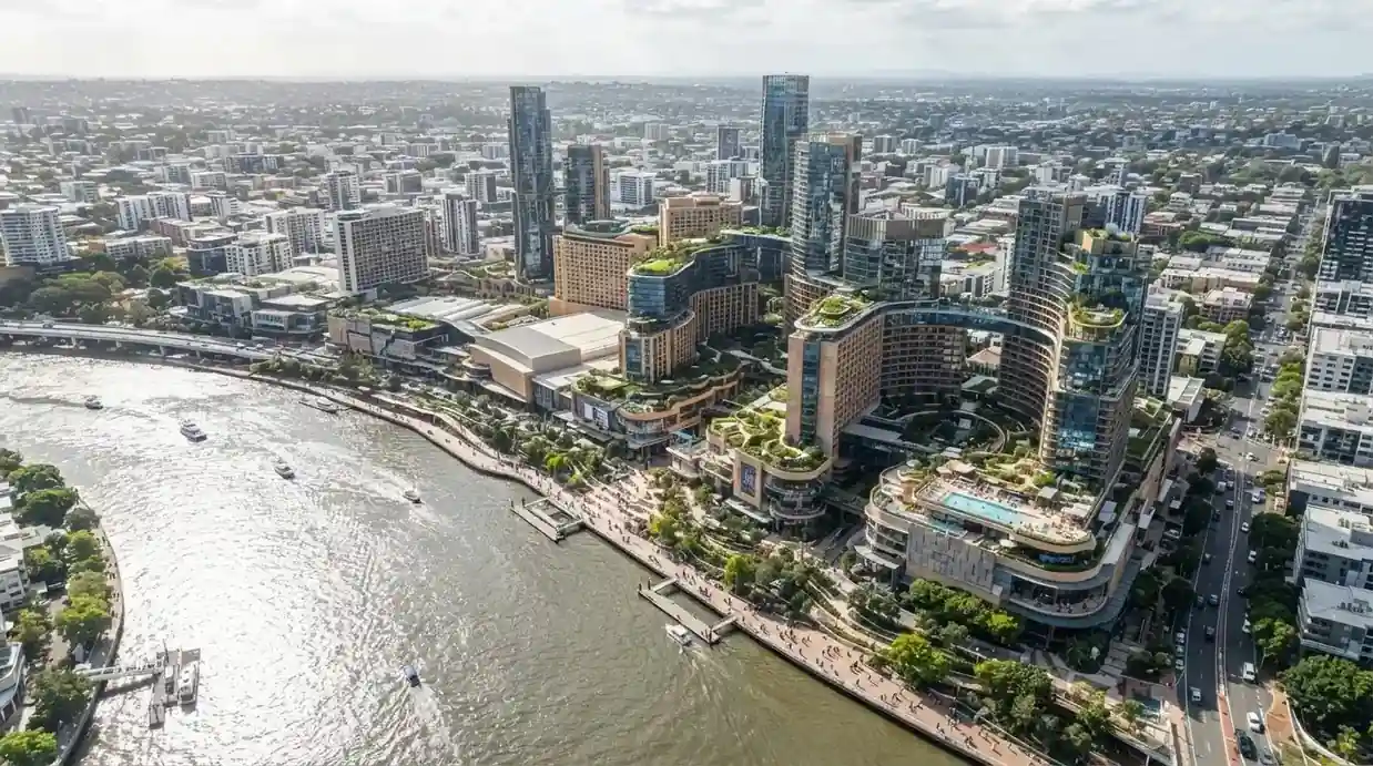 Aerial view of the Queen's Wharf Brisbane precinct spanning 12 hectares of river's edge