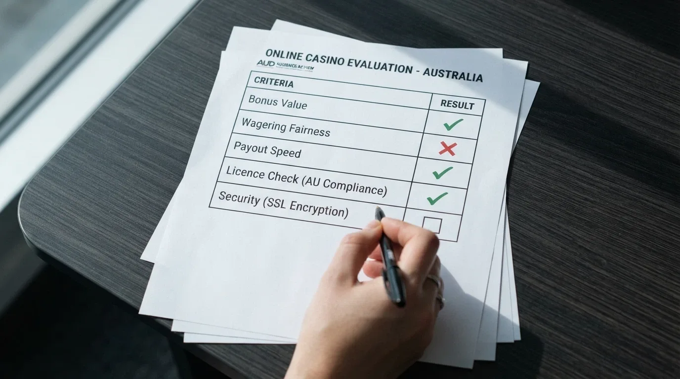 A clean evaluation checklist with items for bonus value, wagering fairness, payout speed, licence check, and security, each with a qualitative tick or cross