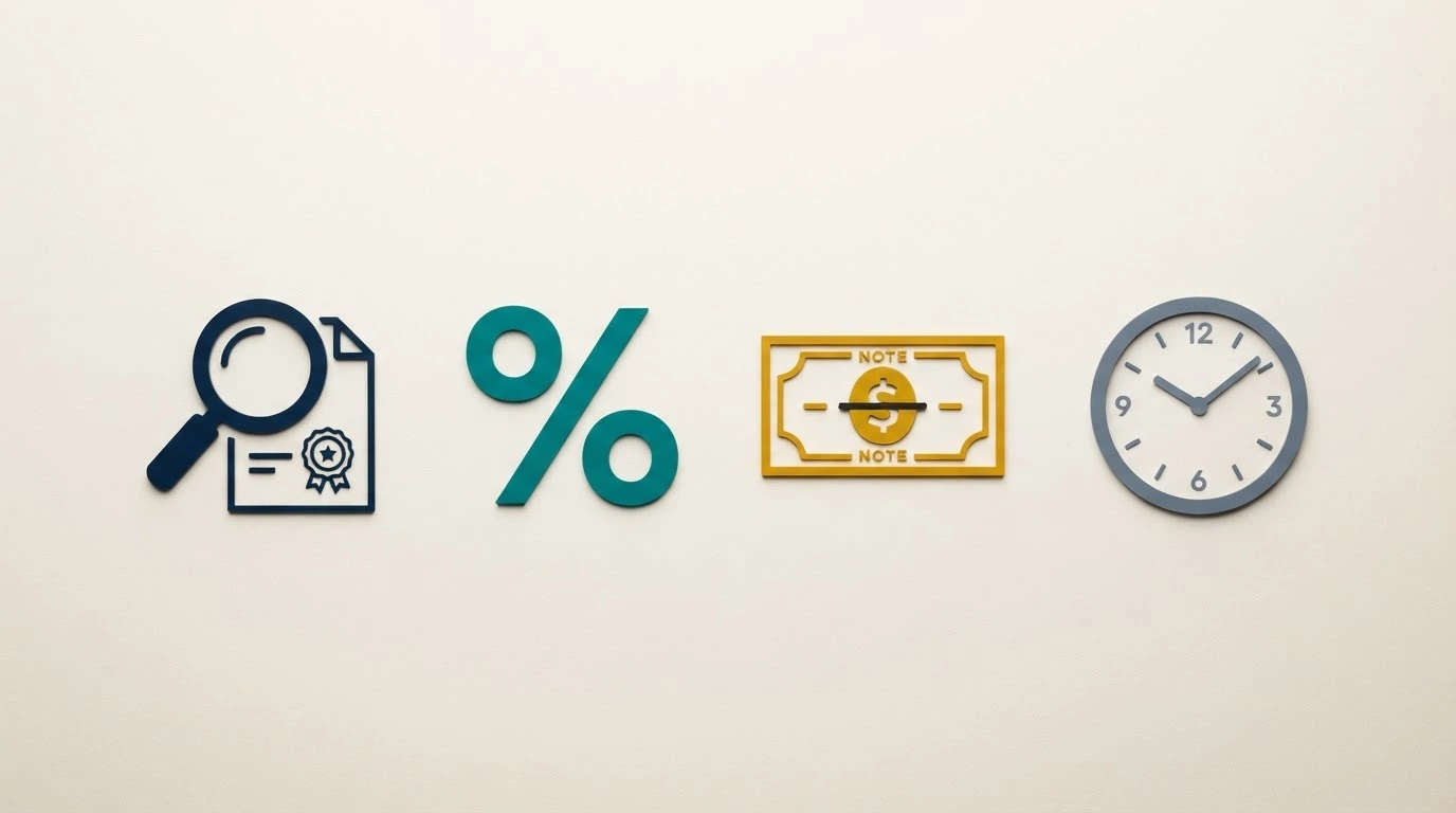 Four icons arranged in a row representing the ranking criteria: a magnifying glass over a licence document, a percentage symbol, a banknote with a cap line, and a clock