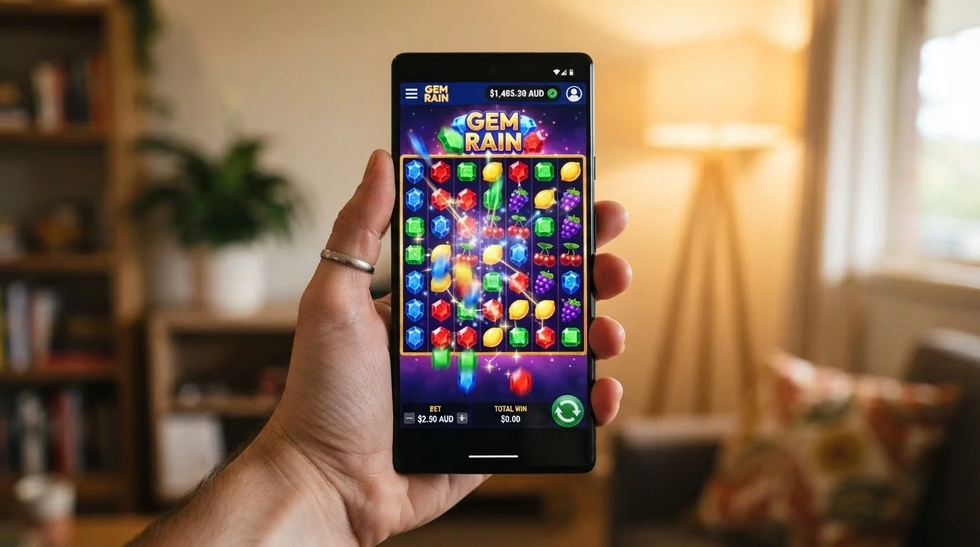 A 7-reel slot screen with an AUD bet selector and real-money balance mid-spin