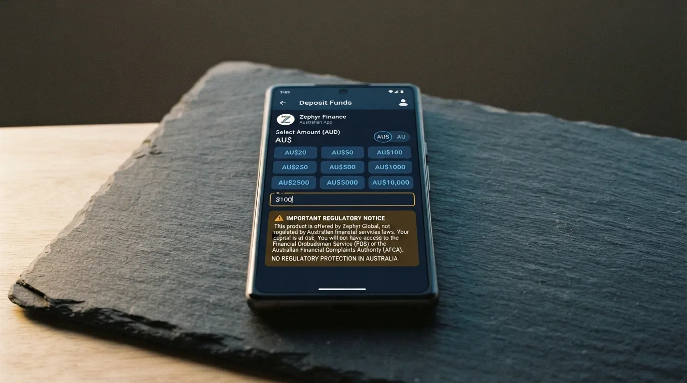 An Android phone displaying a deposit screen with Australian dollar amounts and a warning overlay highlighting the absence of ACMA and BetStop protection