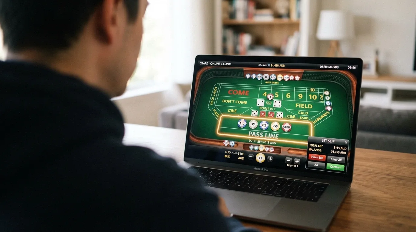 A laptop screen showing an online craps betting interface with AUD chip denominations, a bet slip in the corner, and the pass-line bet highlighted