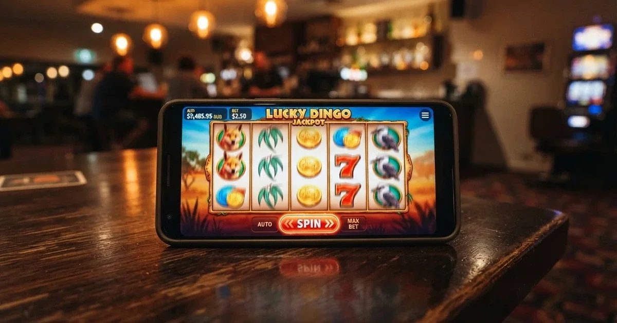 An Android smartphone held in hand displaying an online pokies game with an AUD balance and spin button visible on screen