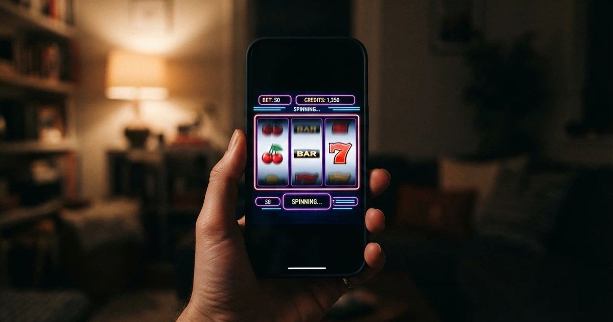 A smartphone screen showing a real-money pokies app interface with pokies reels visible, held in a hand against a neutral background