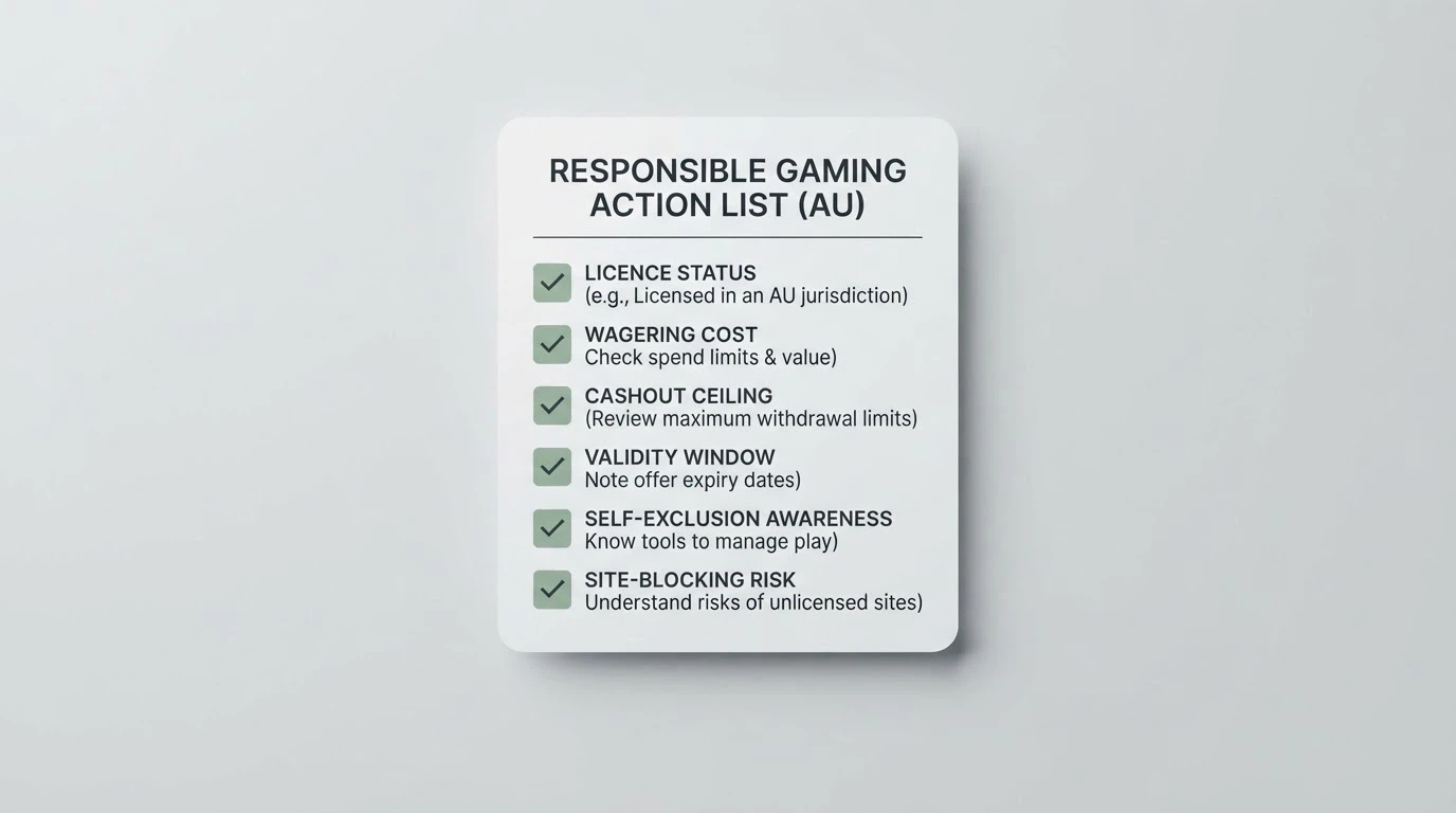 A clean checklist visual with tick-box items summarising the key checks a player should make before claiming any no-deposit free-spins offer