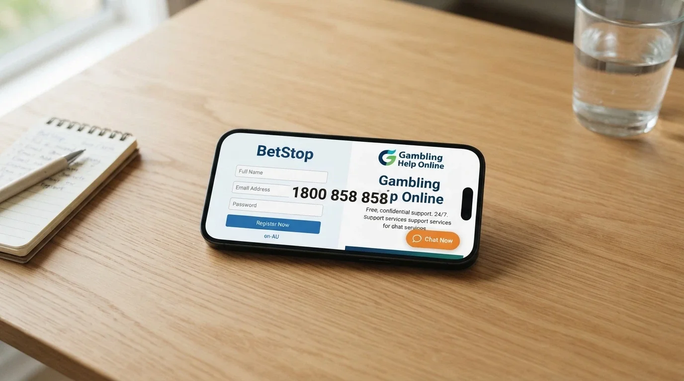A smartphone displaying the BetStop registration page and the Gambling Help Online homepage side by side, with the National Gambling Helpline number 1800 858 858 prominently displayed between them