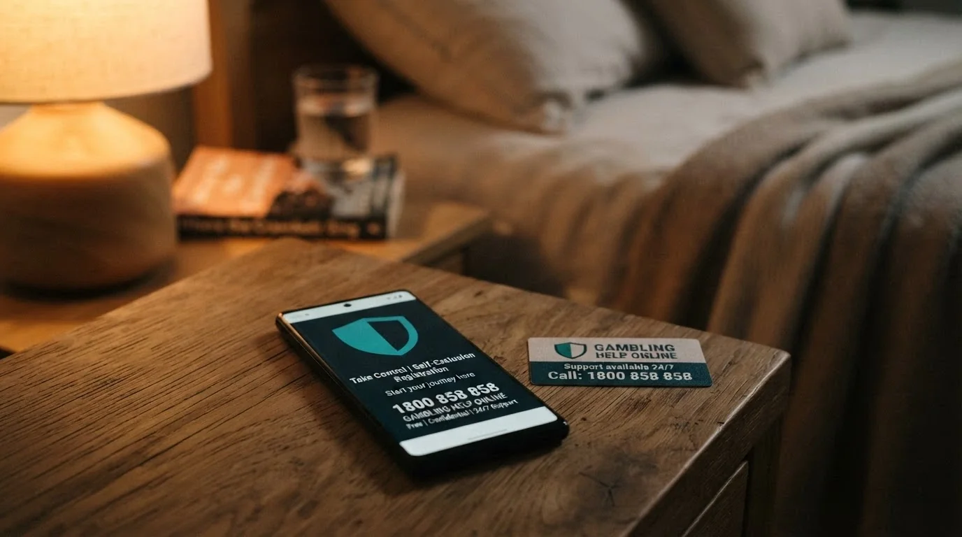 A phone screen showing the BetStop registration page beside the Gambling Helpline number 1800 858 858 and the Gambling Help Online logo