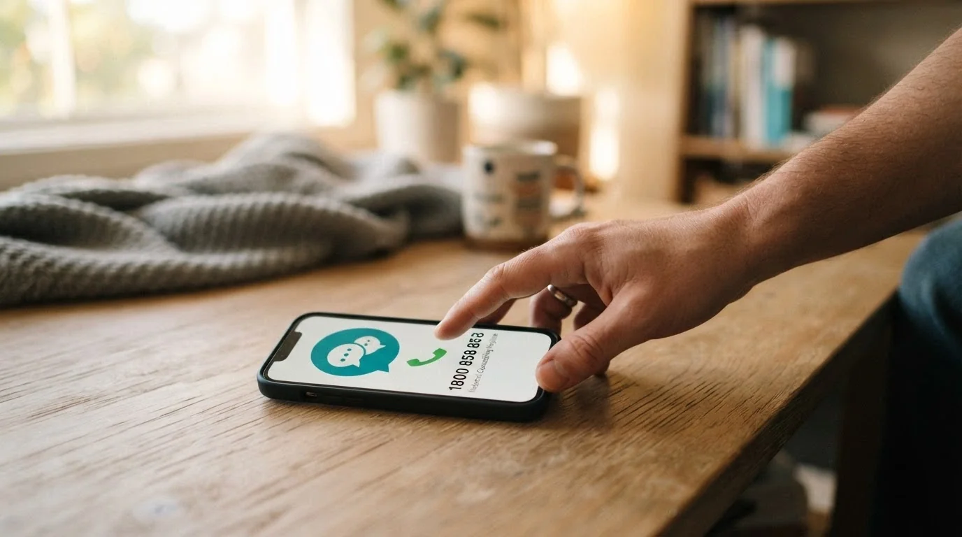 A hand reaching for a phone on a desk, the screen showing a helpline number and a chat icon, calm domestic setting