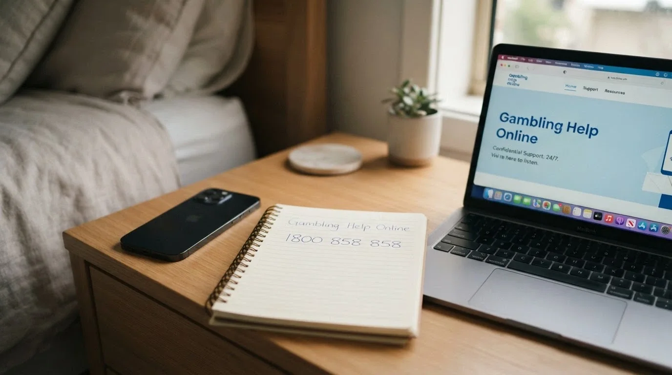 A handset resting on a notepad with “1800 858 858” written on it, beside a laptop screen showing the Gambling Help Online homepage