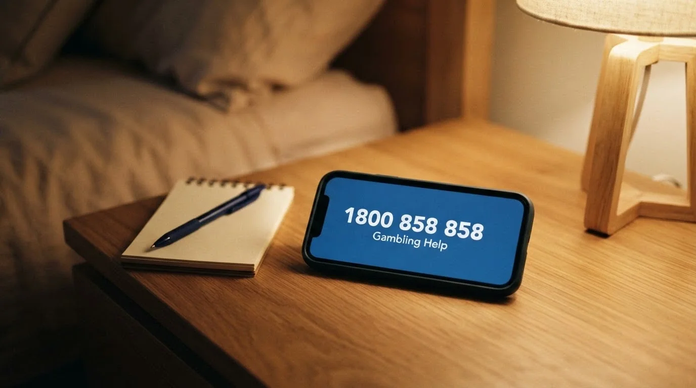 A phone screen showing the National Gambling Helpline number 1800 858 858 alongside the BetStop and Gambling Help Online logos