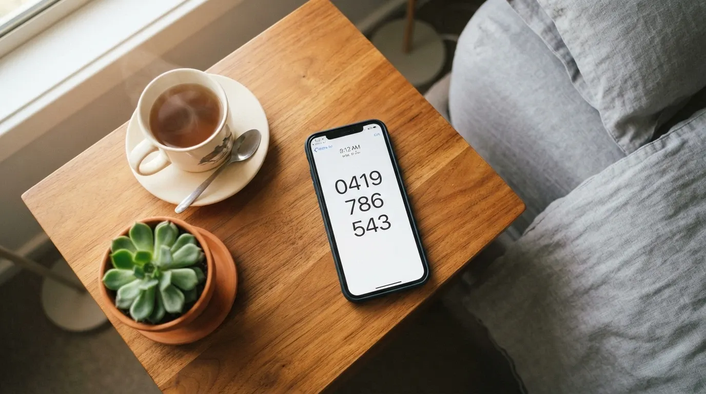 A phone displaying the number 1800 858 858 on screen, with the Gambling Help Online logo and a cup of tea beside it on a desk