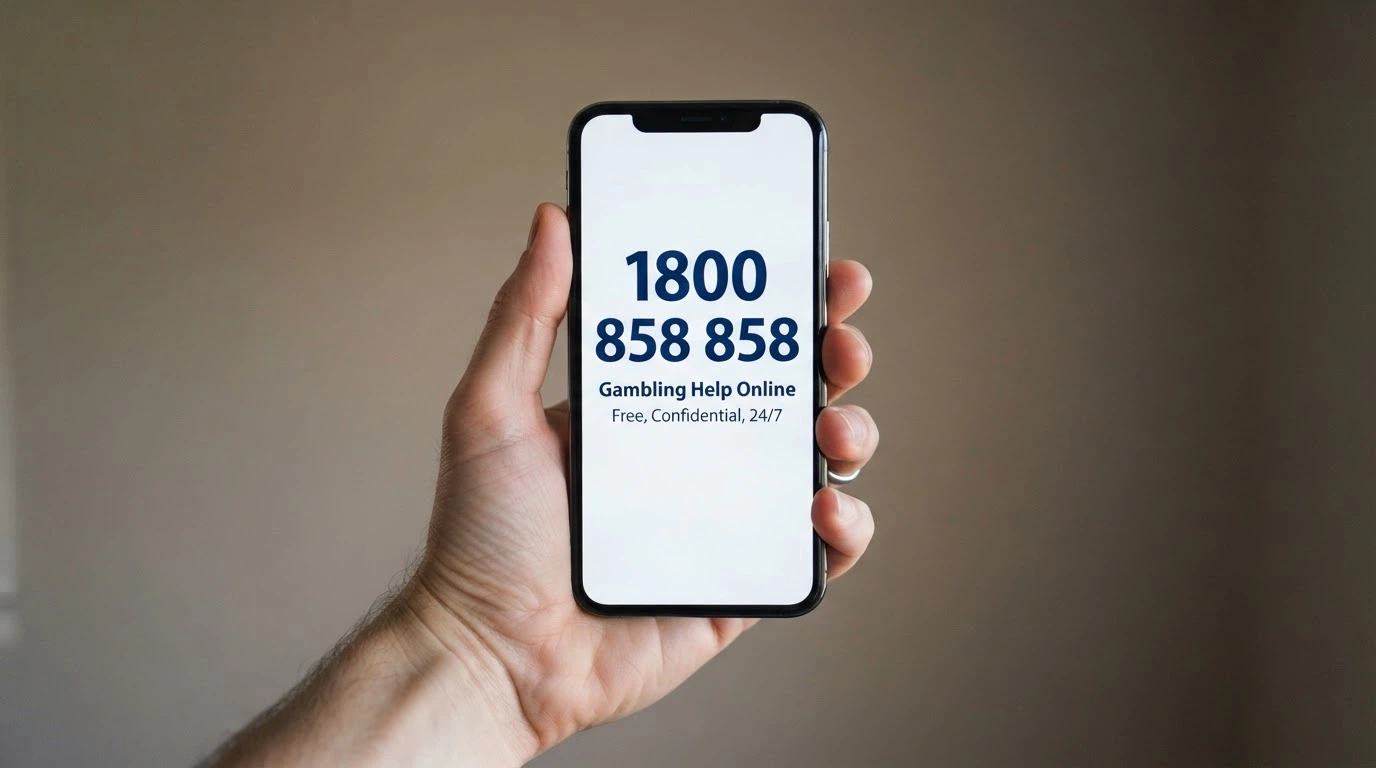 A close-up of a phone screen showing the number 1800 858 858 beside the Gambling Help Online logo and the words Free, Confidential, 24/7