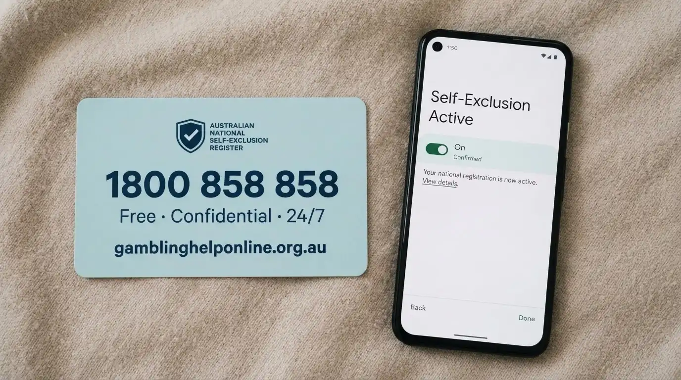 A close-up of a support card or phone screen showing the National Gambling Helpline number 1800 858 858 beside a BetStop logo, on a calm background