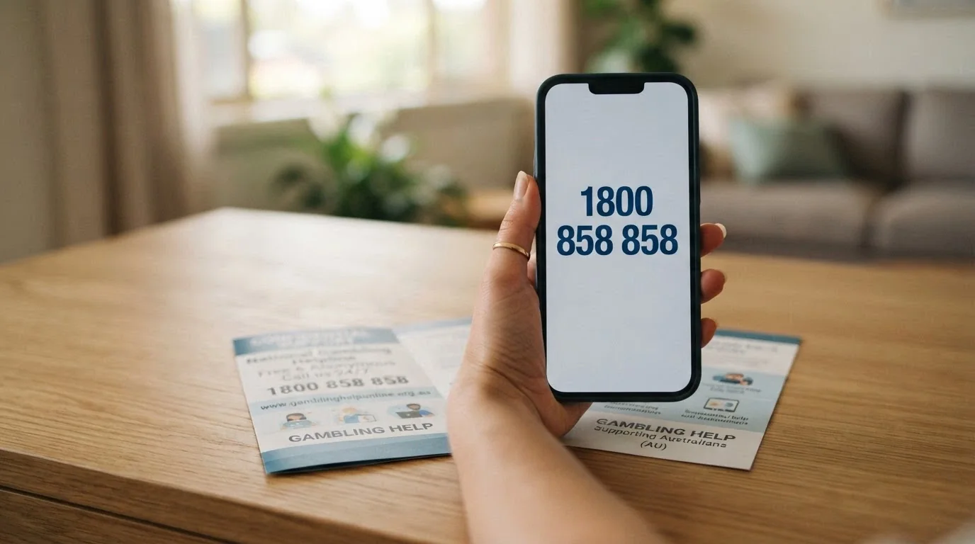 A close-up of a hand holding a phone with “1800 858 858” visible on screen, a BetStop brochure beside it on a desk