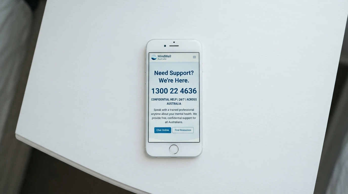 A smartphone screen showing the Gambling Help Online homepage with the 1800 858 858 helpline number prominently displayed
