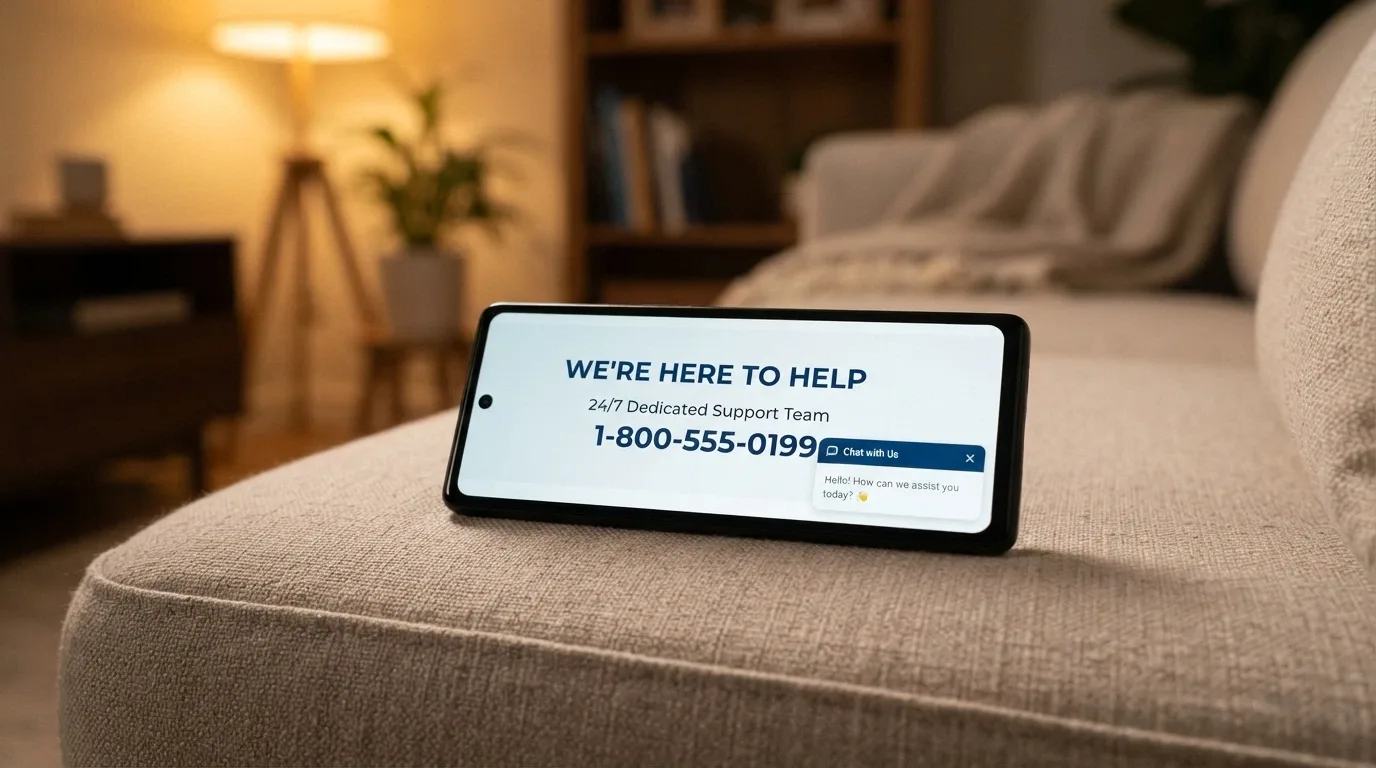 A phone screen showing the Gambling Help Online homepage with the helpline number 1800 858 858 visible and a chat window open