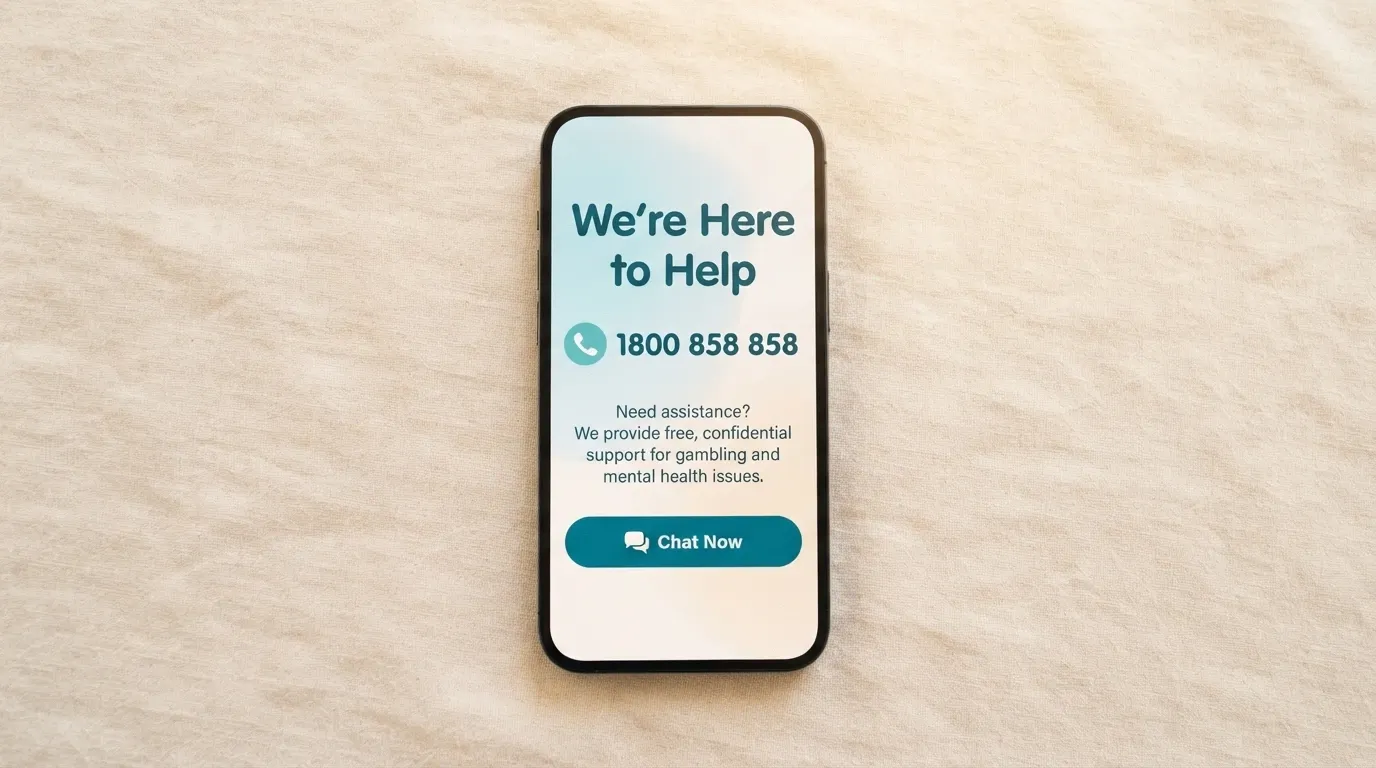 A smartphone screen showing the Gambling Help Online homepage and the BetStop registration page side by side, warm and supportive visual tone