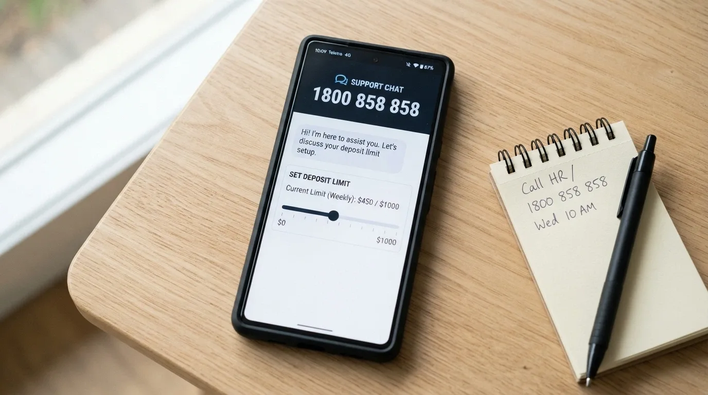 A phone screen displaying the Gambling Help Online chat interface with the 1800 858 858 helpline number prominent, a BetStop logo, and a self-imposed deposit-limit slider mockup