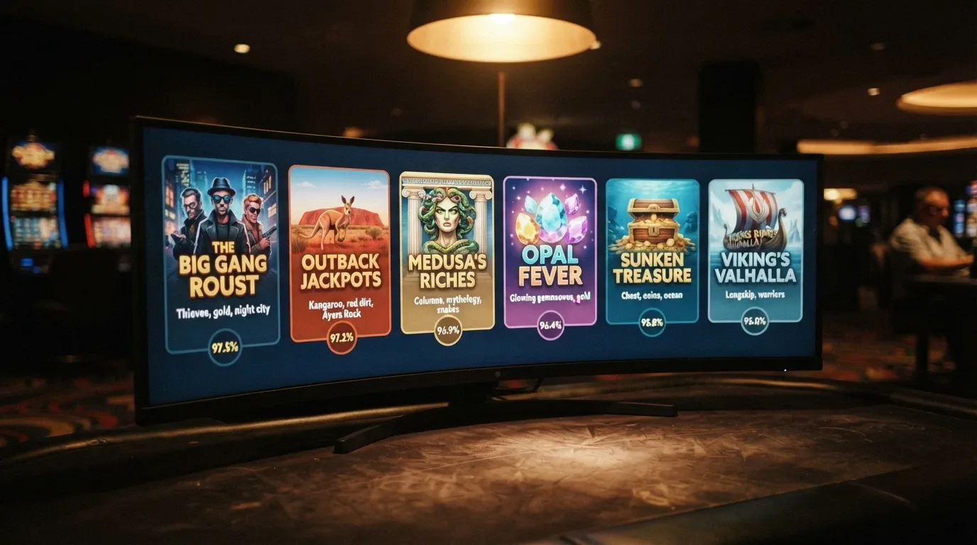 A row of RTG pokie title cards — Cash Bandits 2, Oz Golden Trail, Fortunate Zeus — with their RTP percentages overlaid as badges
