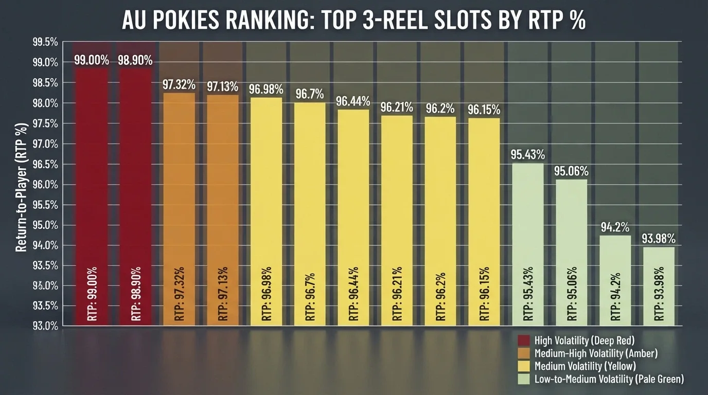 A visual bar chart ranking fourteen 3-reel pokies by RTP from 93.98% to 99.00%, with volatility bands colour-coded behind each bar