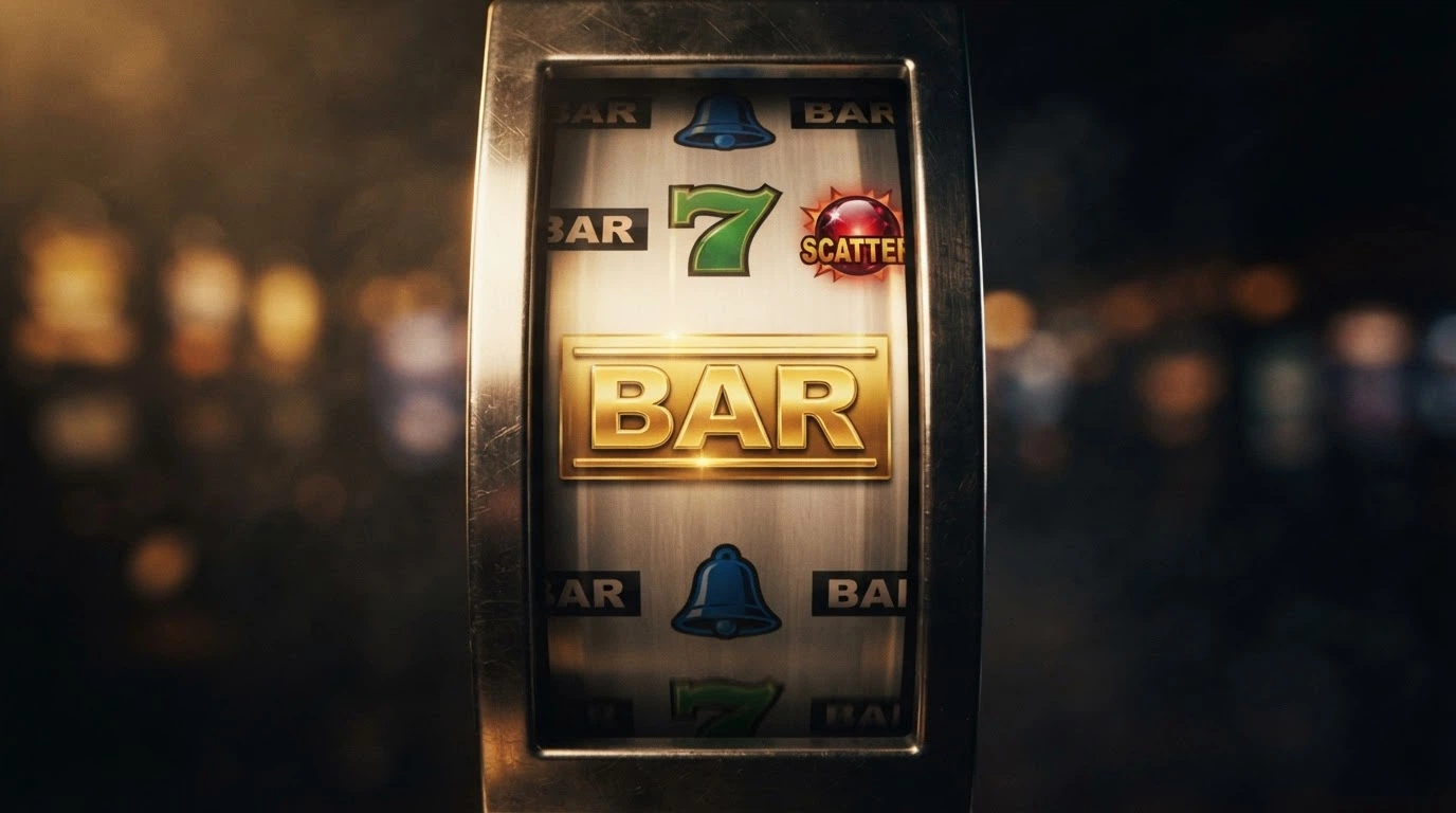 A single pokie reel with symbols weighted by size — a large BAR representing high RTP return and a small scatter symbol showing infrequent high-volatility hits