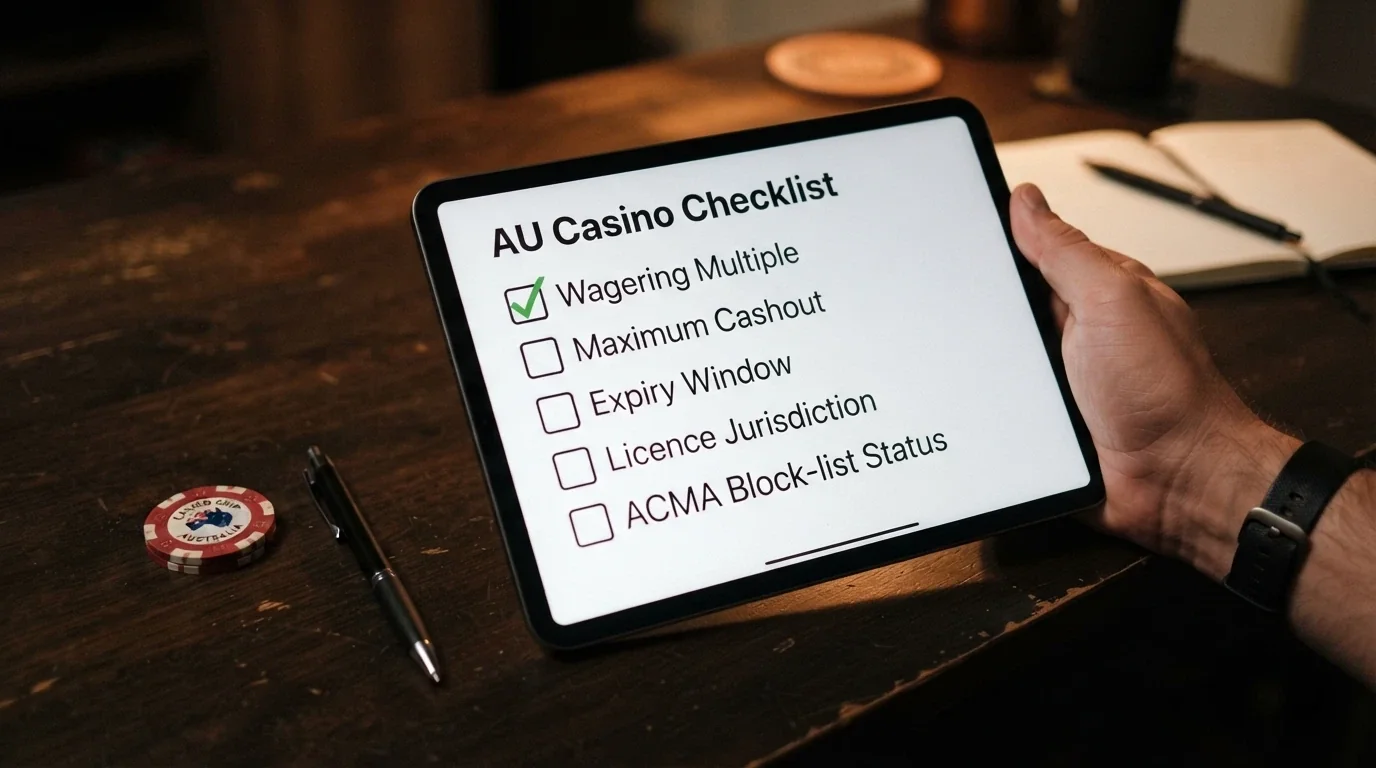 A checklist-style visual showing the five key terms to verify before claiming a no-wager bonus — wagering multiple, max cashout, expiry, licence jurisdiction and ACMA block-list status