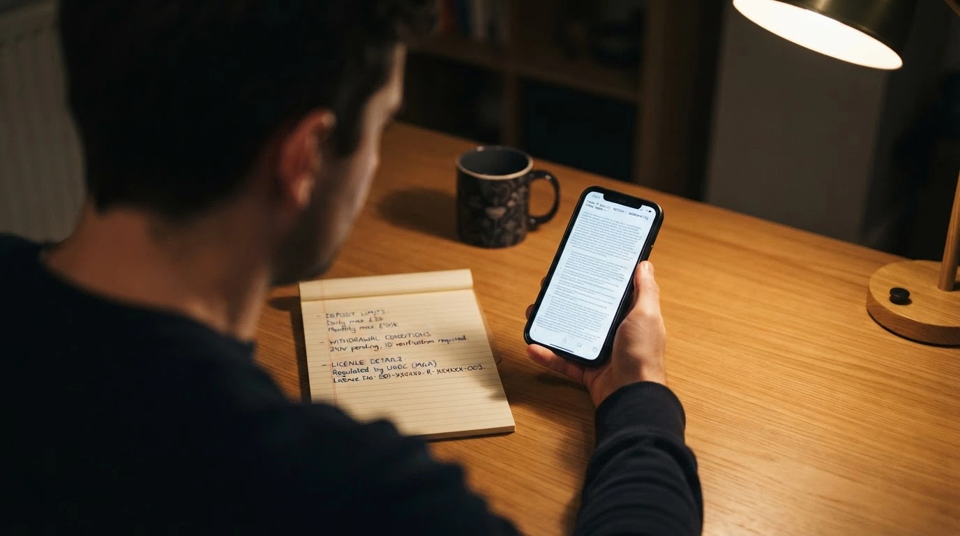 Australian player reviewing casino terms on a smartphone with a handwritten notepad listing deposit limits, withdrawal conditions and licence details