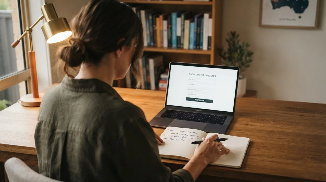 A person at a desk with a notepad listing three handwritten checks — licence, withdrawal test, loss limit — before a laptop showing a casino sign-up page