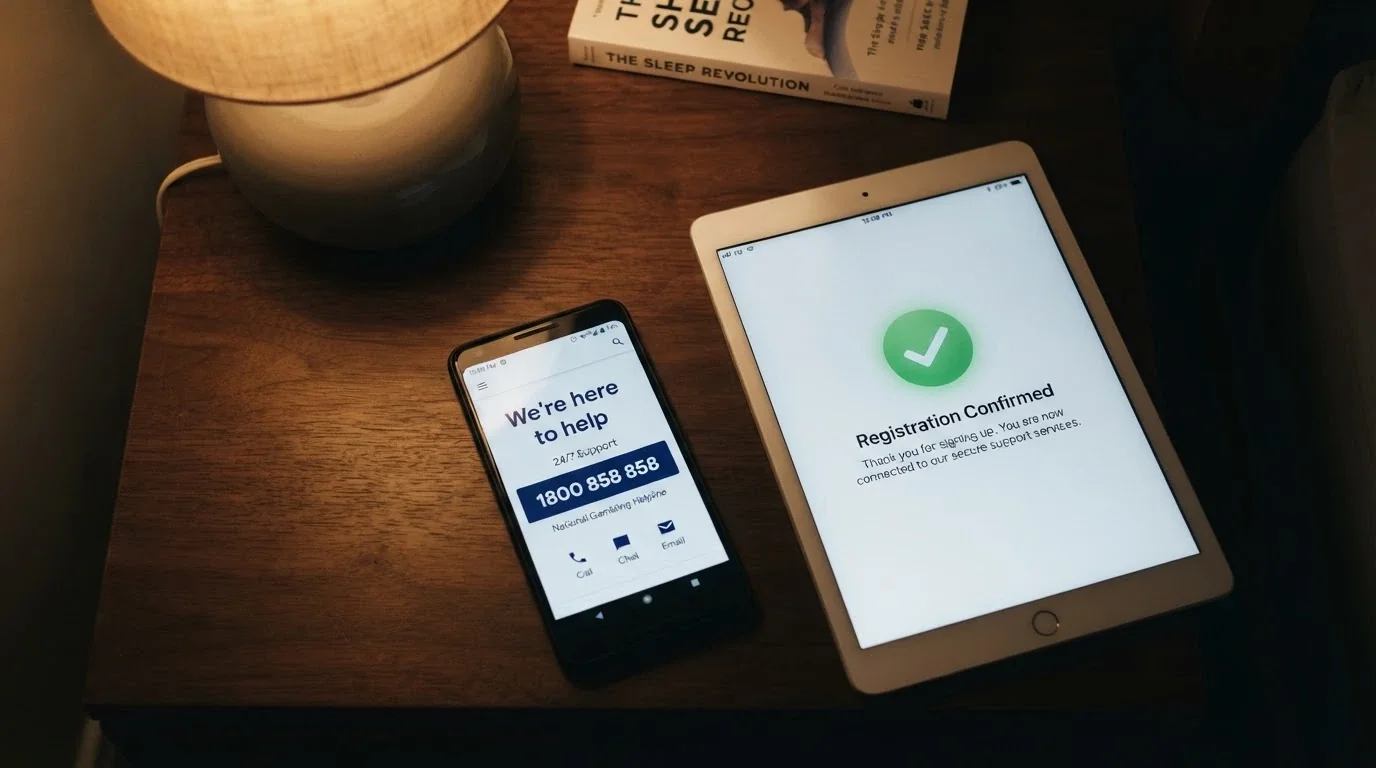 A phone screen displaying the Gambling Help Online homepage beside a BetStop registration confirmation screen, with the 1800 858 858 number prominent