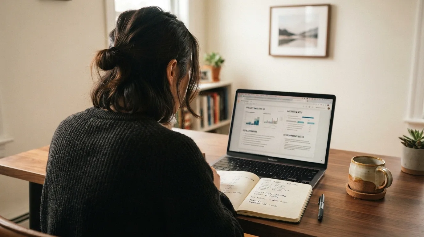 A person at a desk with a laptop open to a casino review page, a notebook with handwritten comparison figures, and a cup of coffee — a measured decision, not a blind click