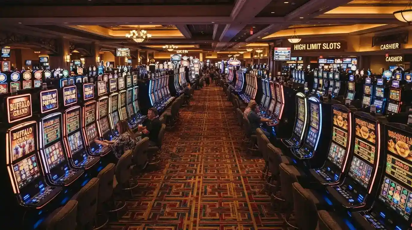 Rows of electronic gaming machines across the SkyCity Adelaide gaming floor under warm ambient lighting
