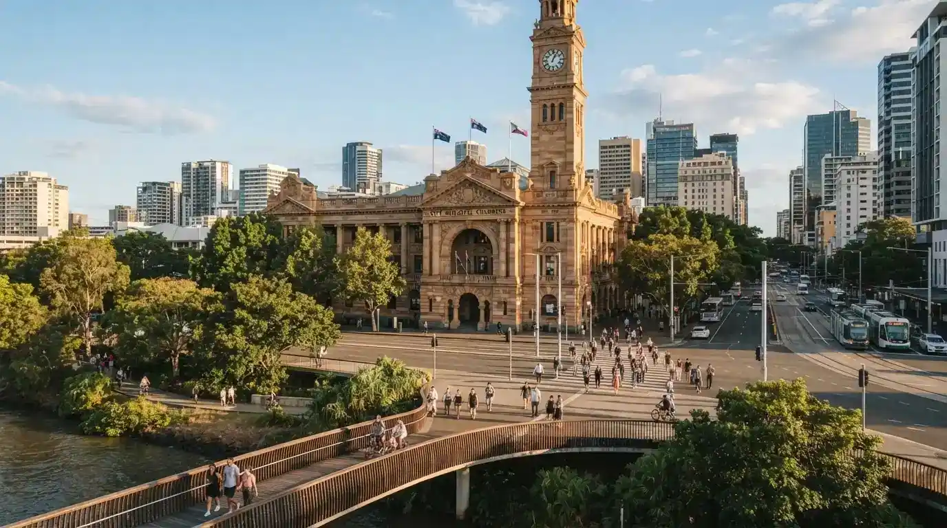 The main entrance of SkyCity Adelaide on North Terrace with the River Torrens and footbridge visible in the foreground