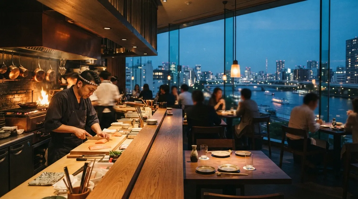 Sokyo's dining room and sushi bar interior, with the open kitchen and Sky Deck-level river views