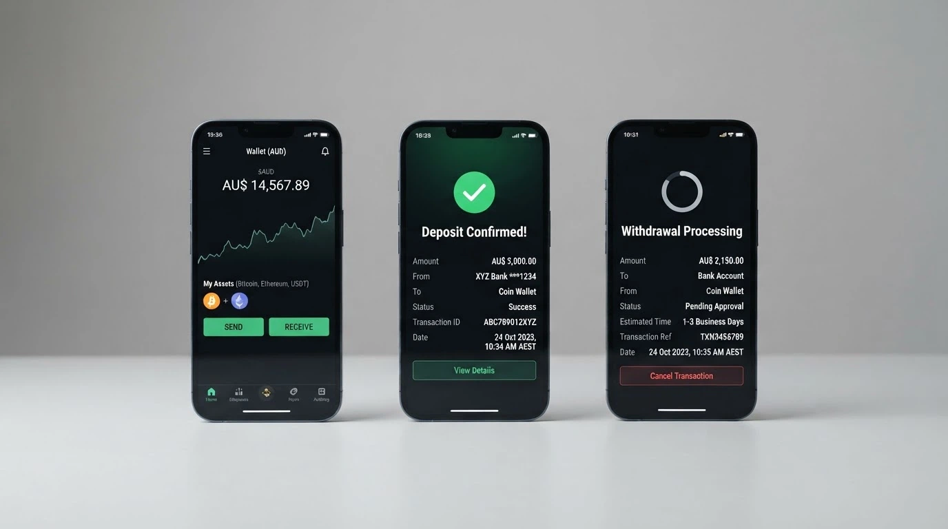 A three-step diagram: a Phantom Wallet app screen on the left, an arrow pointing to a casino deposit-confirmation screen in the centre, and a withdrawal-processing status screen on the right