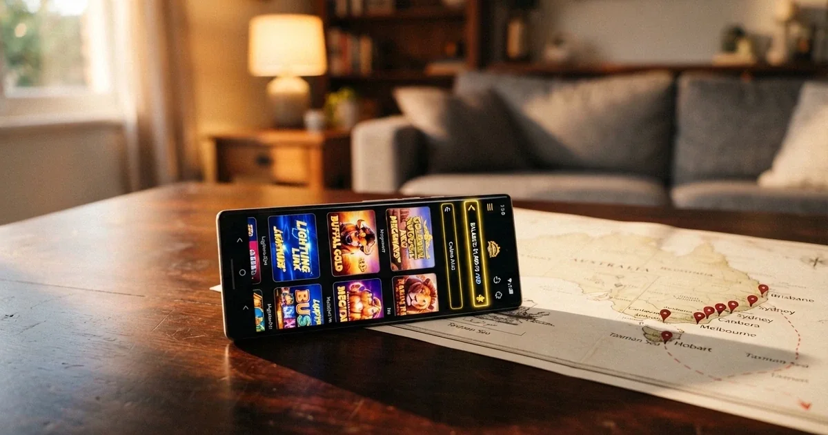 A split-screen composition: one side shows a smartphone displaying a Solana casino lobby with the SOL logo visible, the other side shows a map of Australia with offshore-arrow markers pointing outward